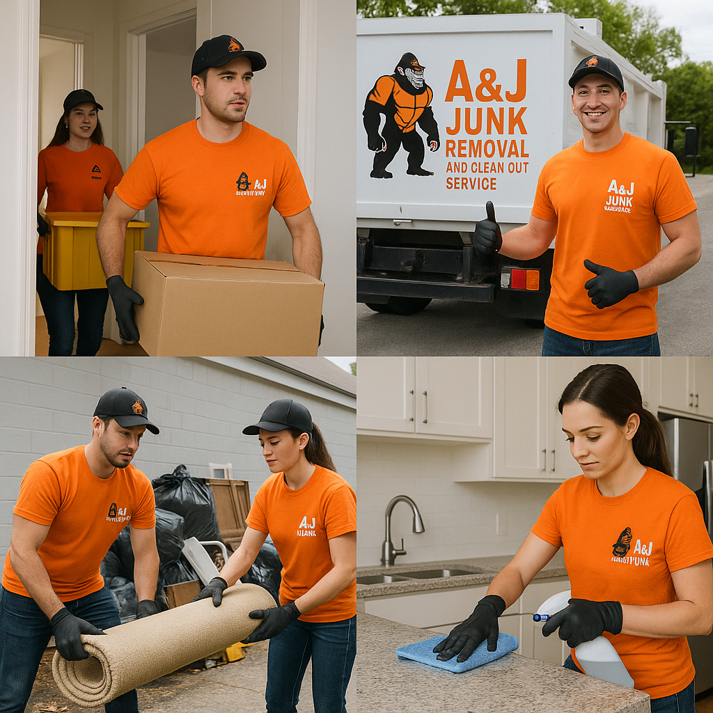 A&J crew in action, hauling, cleaning, and on-site with branded truck